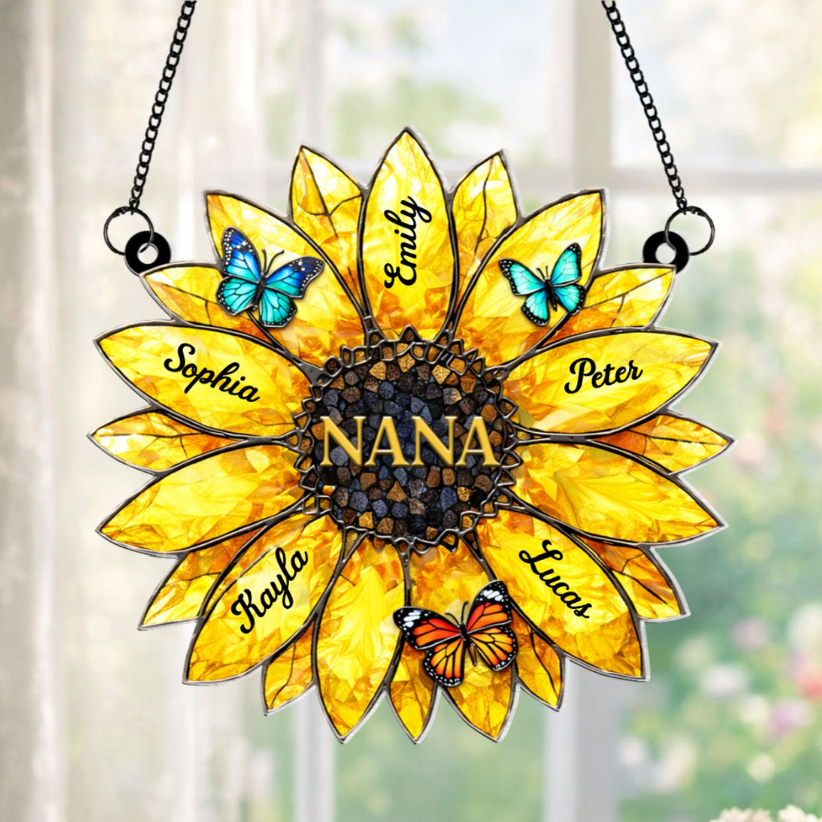 Sunflower Grandma Mom Custom Kids Names - Personalized Acrylic Window Hanging - Mother's Day Gift for Grandma, Mom, Wife