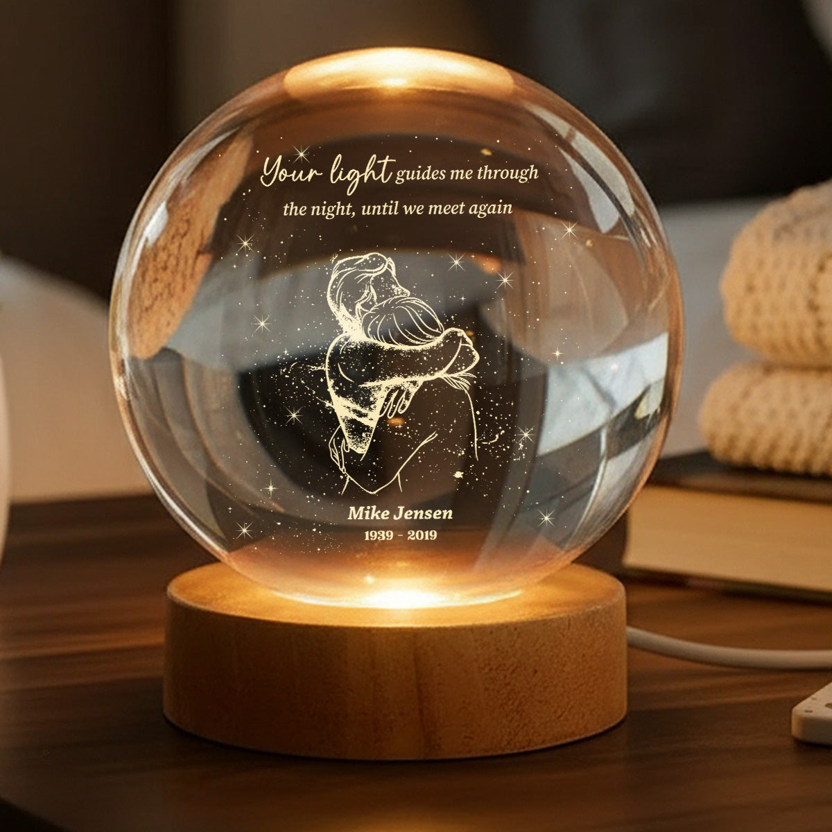 A Piece Of My Heart Lives in Heaven Couple Hugging - Personalized Crystal Ball LED Night Light - Memorial Remembrance Keepsake