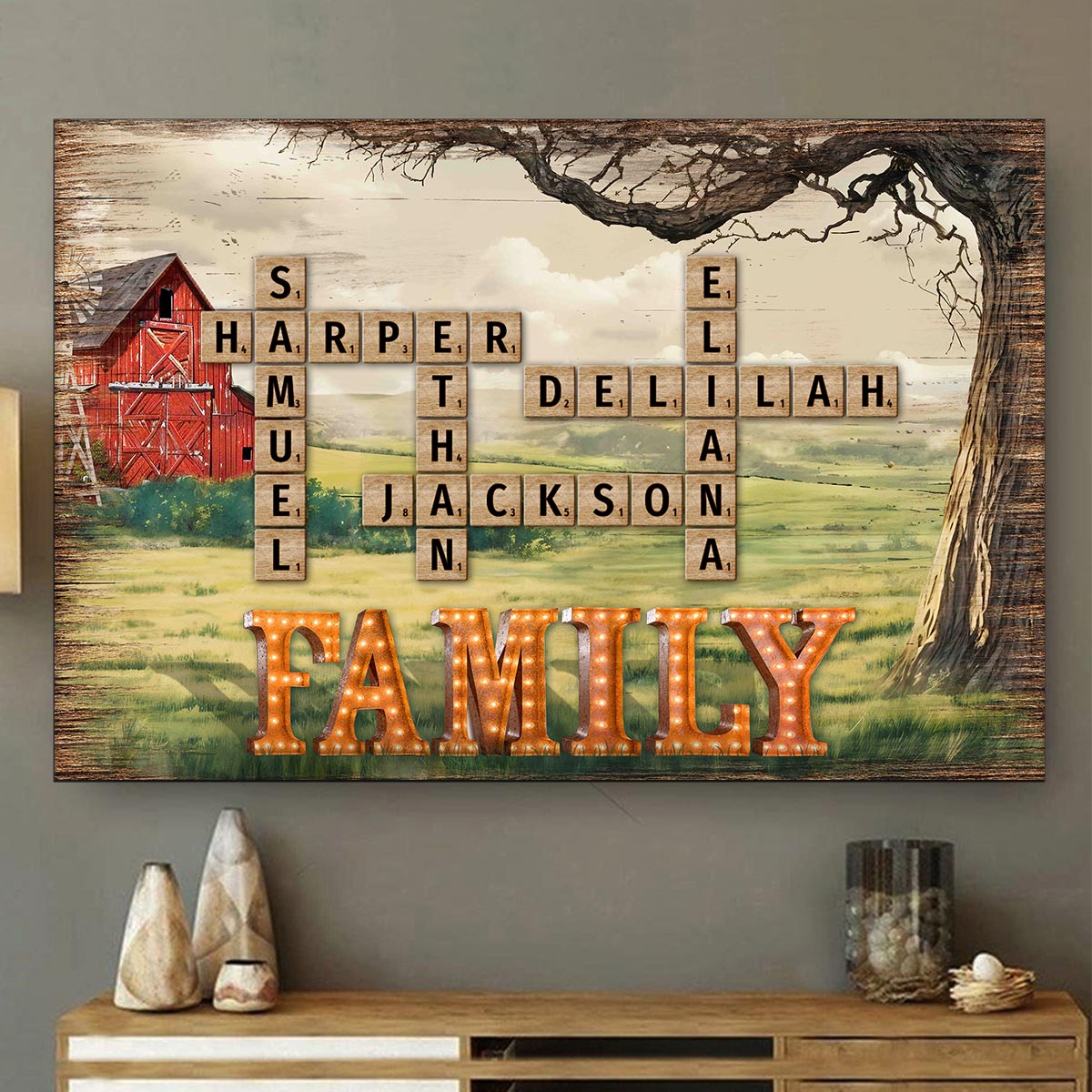 Family Farmhouse Tree Crossword Puzzle Art Personalized Poster, Gift For Mom, Dad, Husband, Wife
