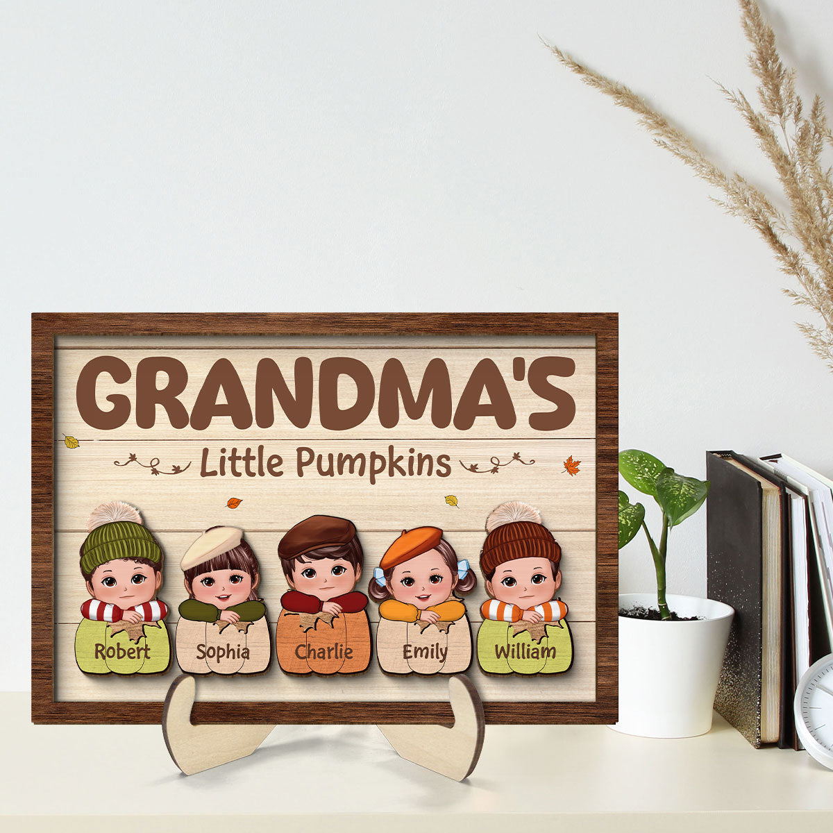 Cute Kids Grandma's Little Pumpkins Personalized 2 Layer Wooden Plaque