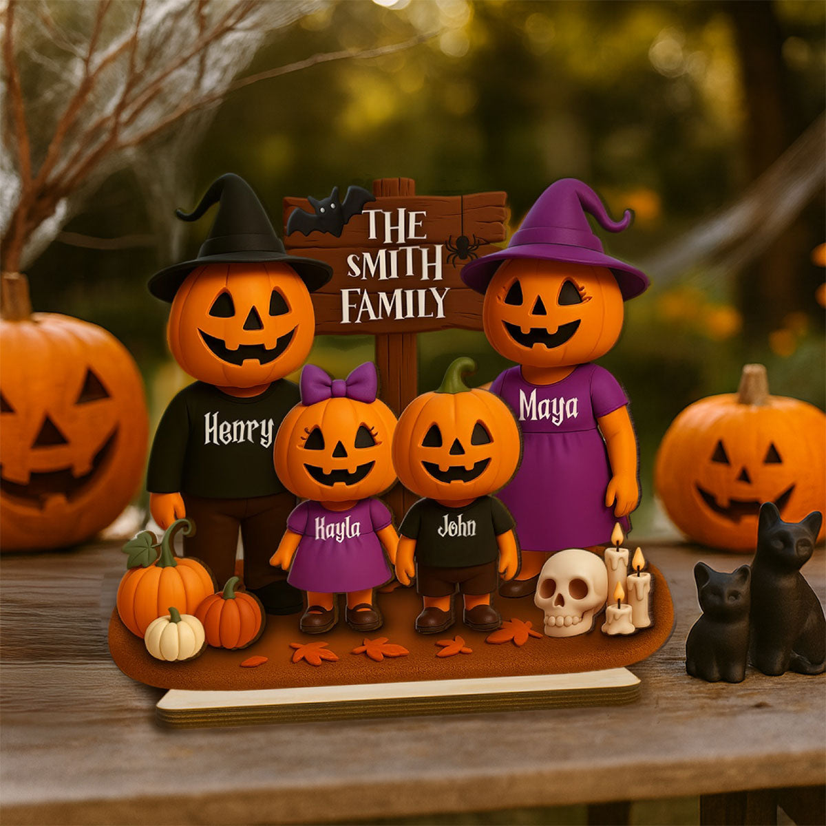 Jack O' Lantern Family 3D Effect Personalized 2-Layered Standing Wooden Plaque, Halloween Decor