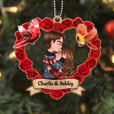 Rose Heart Couple Personalized Christmas Wooden Ornament