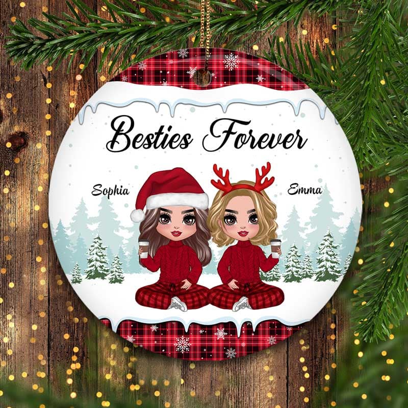 Doll Besties Sitting Checkered Pattern Christmas Personalized Circle Ornament