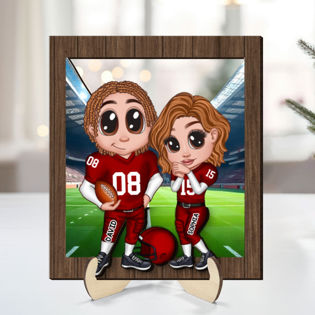American Football Couple Y2K Style At Field Personalized 2-Layer Wooden Plaque,  Gift for Couples, Gift For Football Fans, Super Bowl 2025