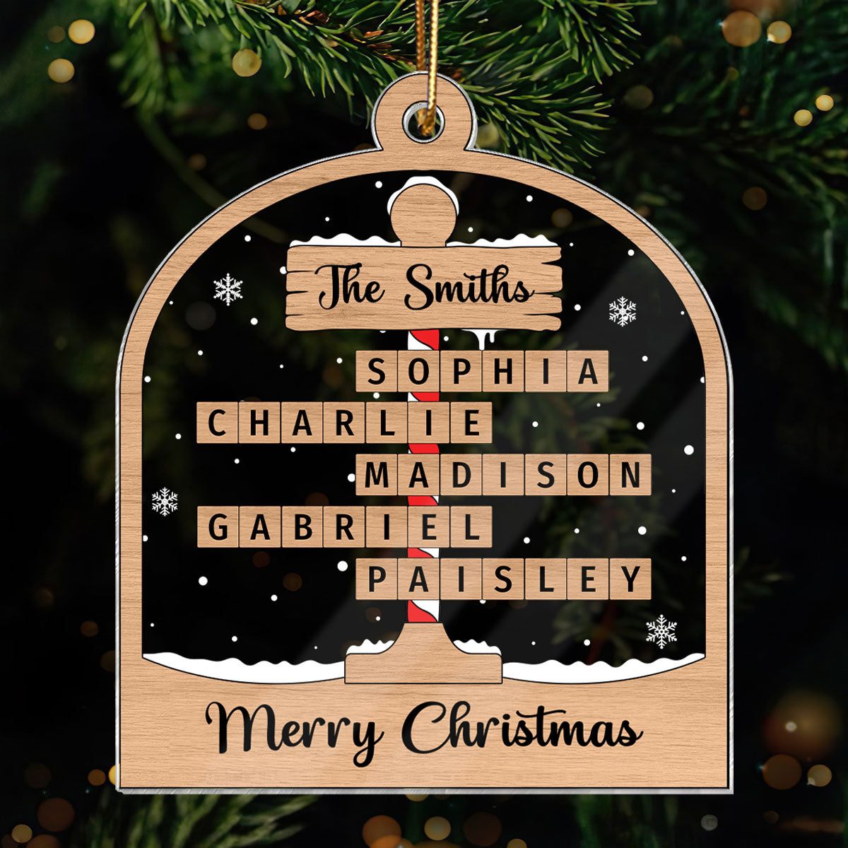 Christmas Crossword Puzzle Art North Pole Family Name Personalize Acrylic Ornament, Christmas Gift For Family Members