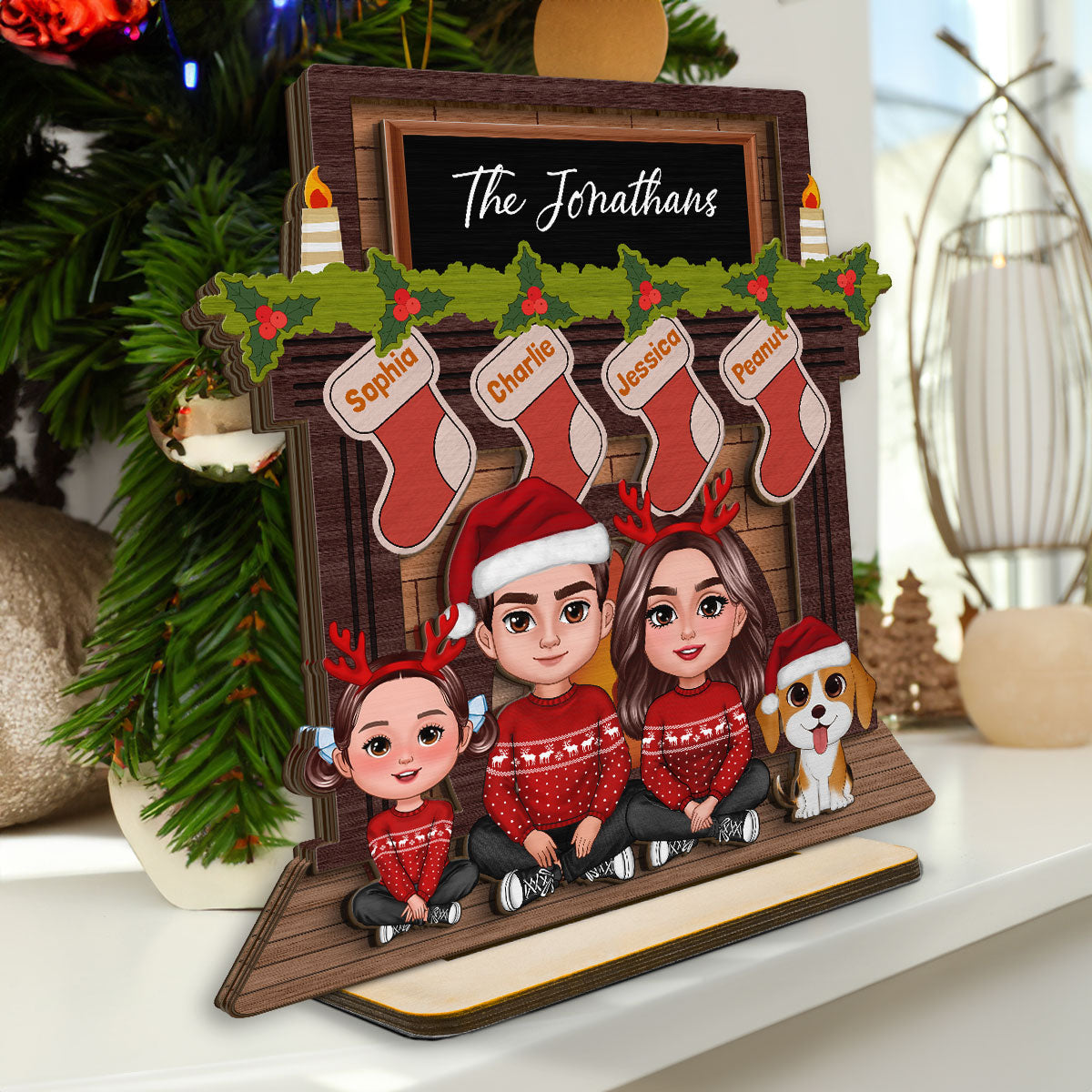 Whole Family Sitting At Christmas Fireplace Personalized 2-Layer Standing Wooden Plaque
