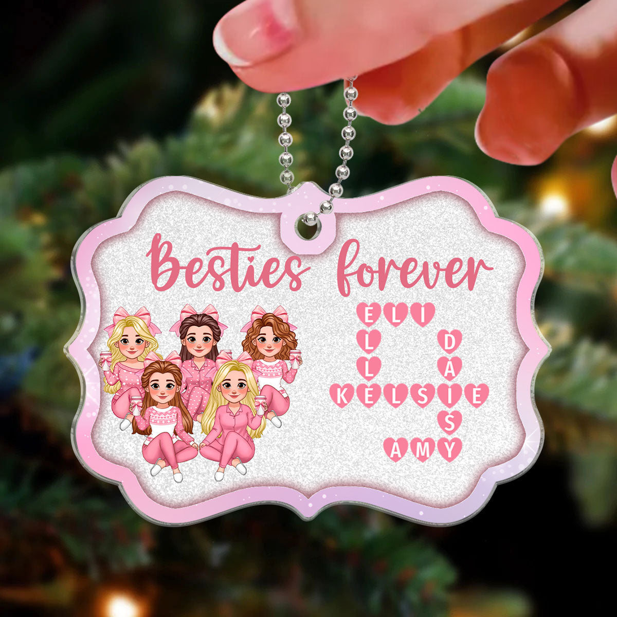 Besties Forever Pink Theme Heart Crossword Personalized Acrylic Ornament