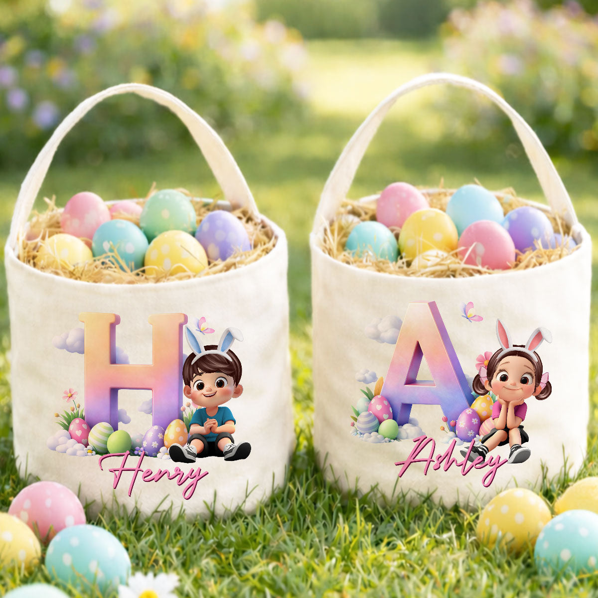 Kids Sitting With Initial Letters Easter Egg Hunt Bag - Personalized Bucket Bag - Gift For Kids, Grandkids, Easter Gift