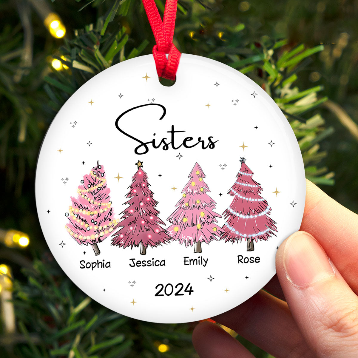 Sisters Besties Pink Christmas Tree Personalized Ceramic Ornament