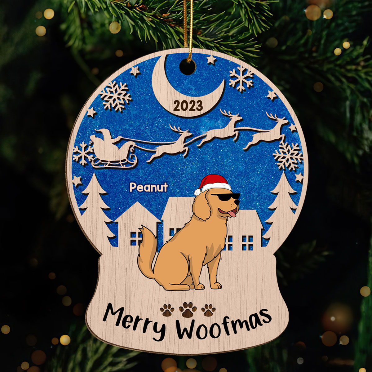 Merry Woofmas Blue Galaxy Sky Night Funny Cartoon Dogs Personalized Wooden Ornament