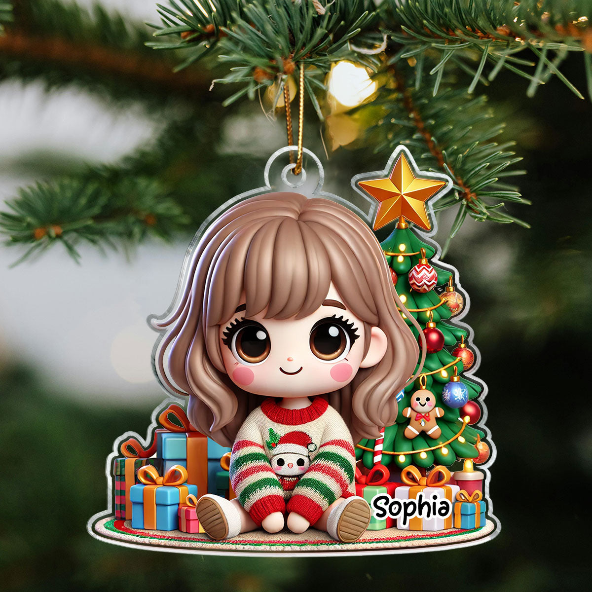 Cute Granddaughter Grandson Kid Sitting With Christmas Tree And Gift Personalized Acrylic Ornament, Gift For Grandkids