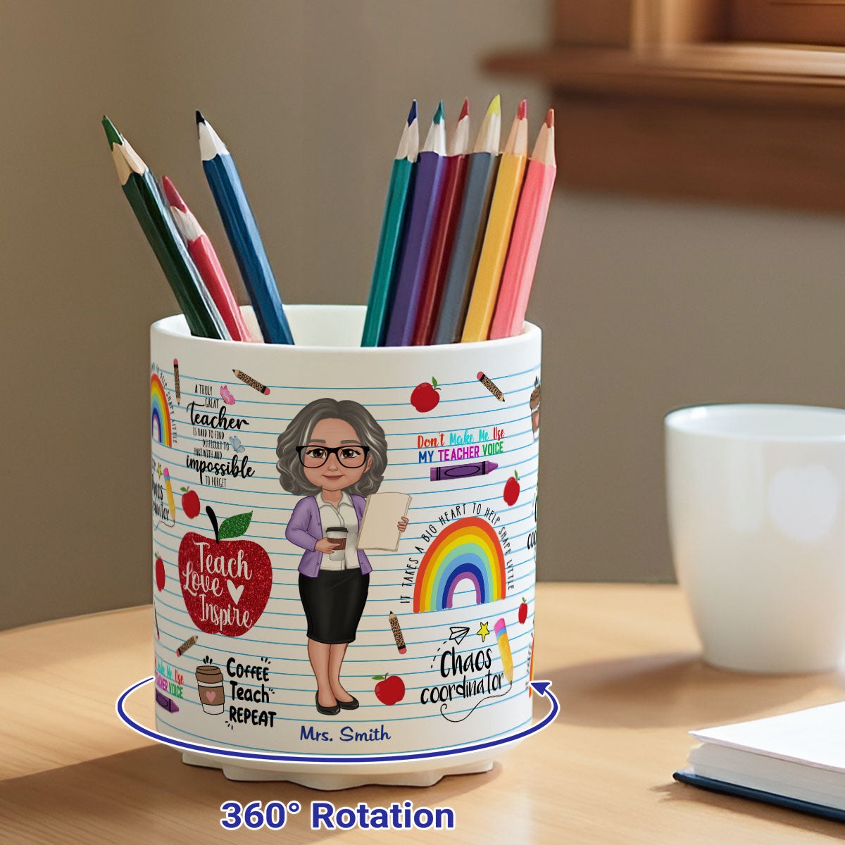 Teach Love Inspire Personalized Rotating Pen Holder, Back to School Gift for Teachers