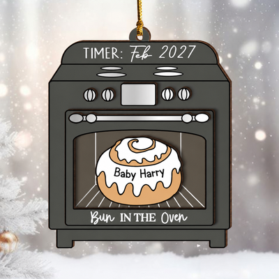 Bun In The Oven Pregnancy Announcement Expecting Baby Arriving Keepsake Christmas Personalized 3-Layer Wooden Ornament