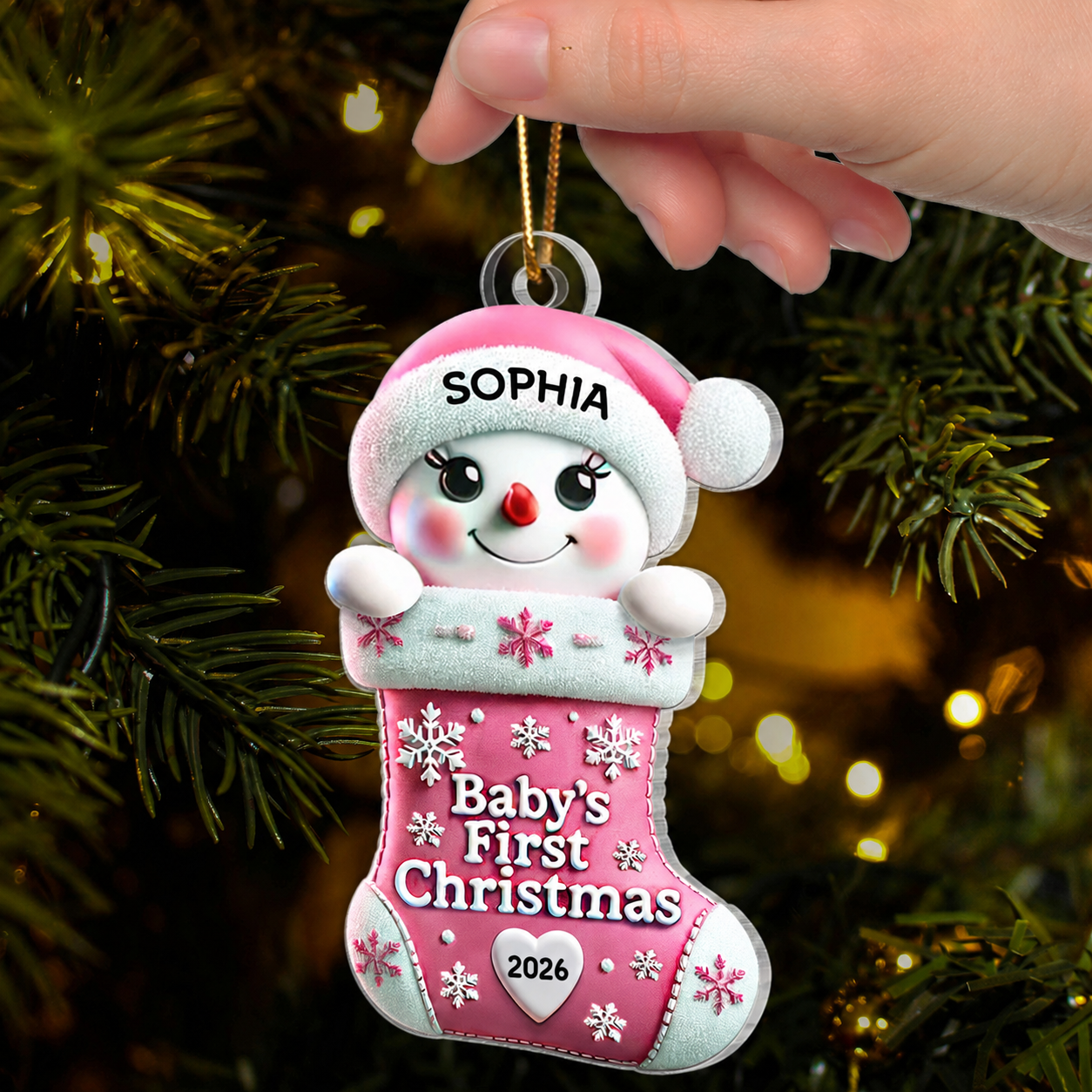 Baby First Christmas Snowman On Stocking 1st Christmas Keepsake Personalized Acrylic Ornament