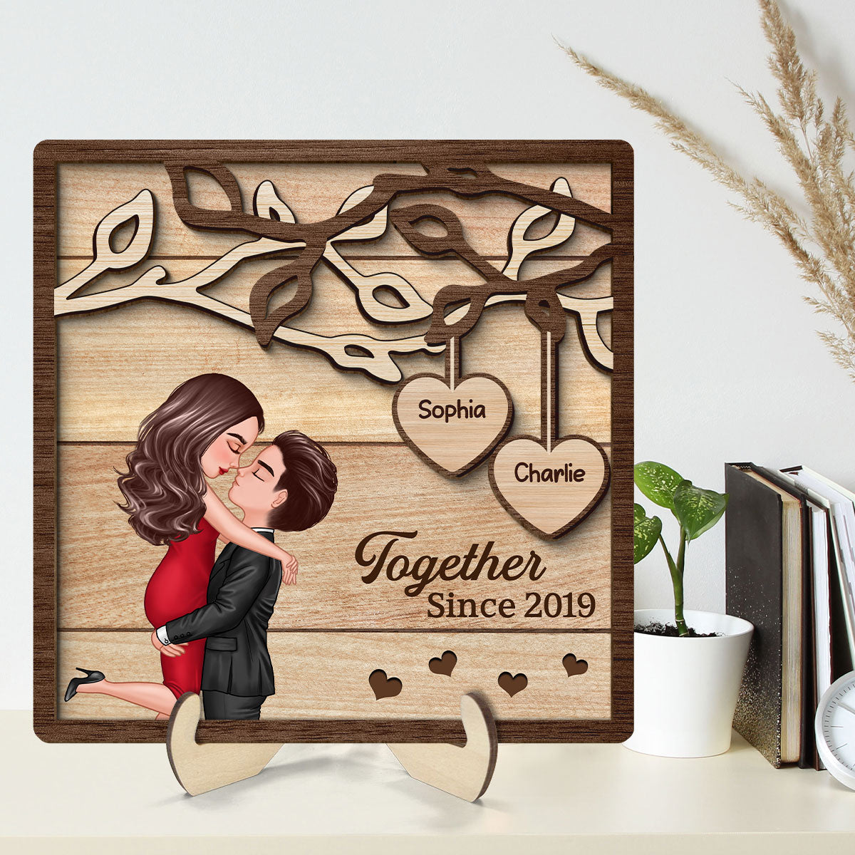 Couple Kissing Under Tree Hugging Kissing Couple Personalized 2-Layer Wooden Plaque