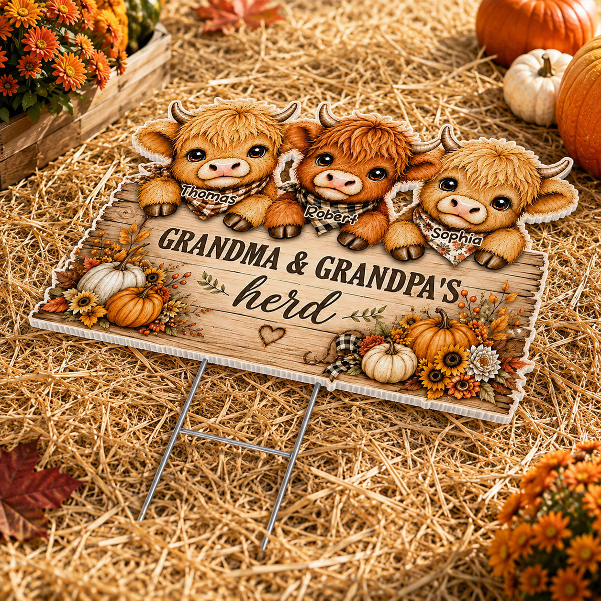 Cozy Warm Fall Season Grandpa Grandma's Herd Highland Cows - Personalized Yard Sign - Fall Decor For Grandparents