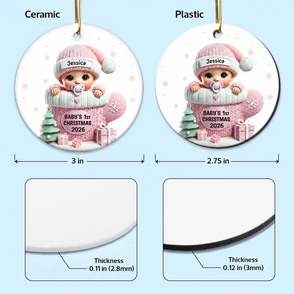 Baby In Mitten 3D Effect Baby's First Christmas Personalized Ceramic Flat Ornament