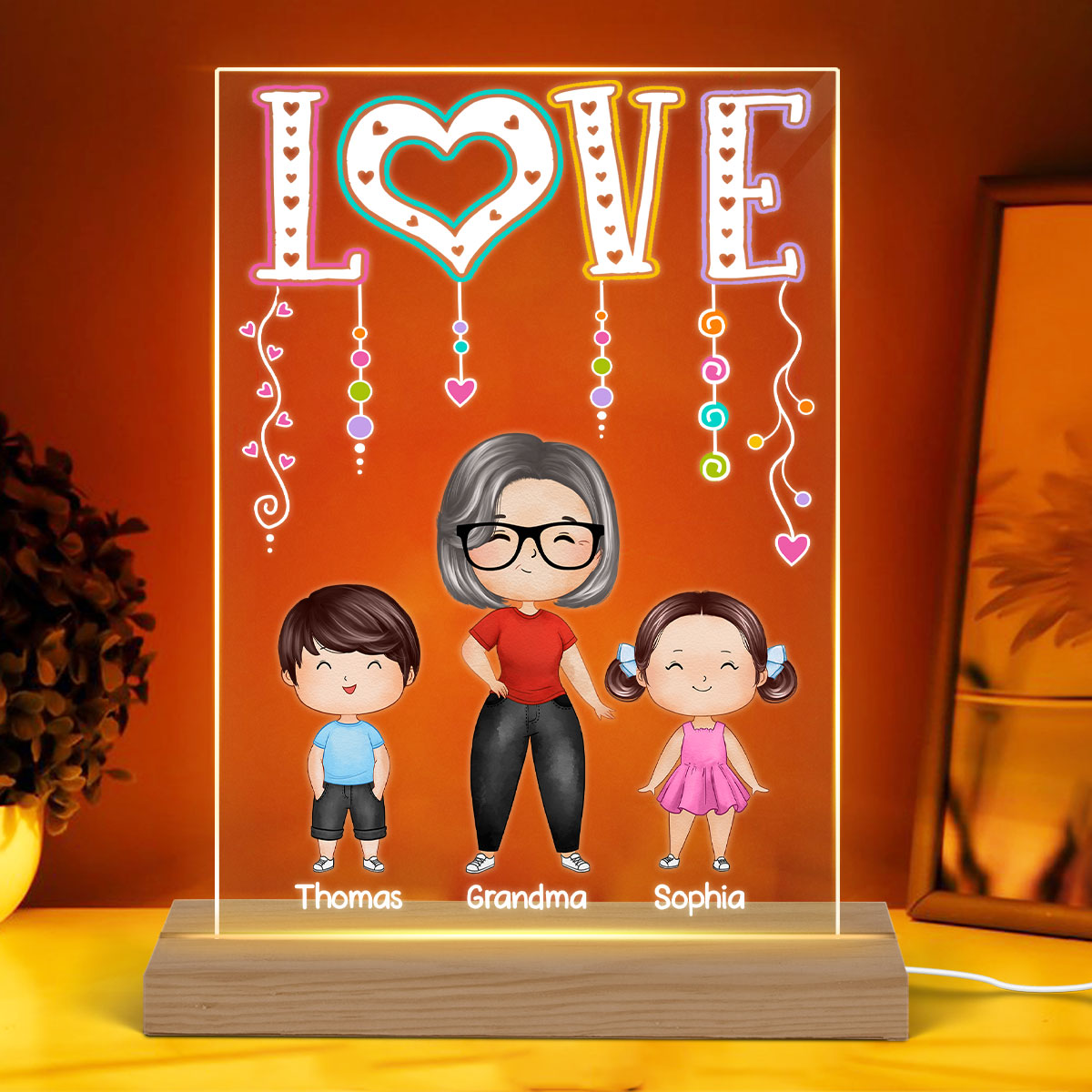 LOVE Doll Grandma Mom With Kids Standing Watercolor Style Personalized Rectangle Acrylic Plaque LED Night Light
