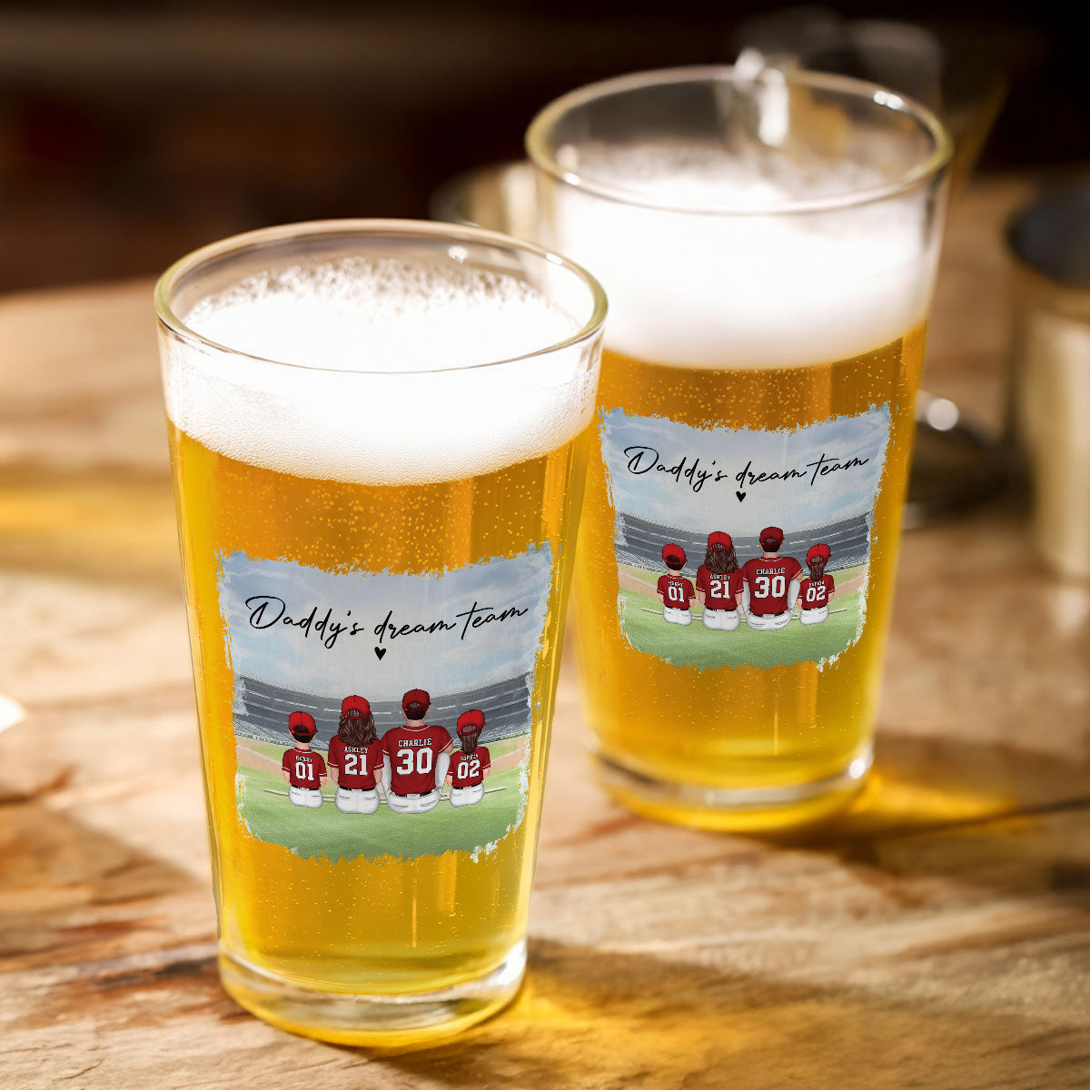 Daddy's Team Baseball Family Sitting Personalized Beer Glass, Unique Birthday Gift For Dad, Father's Day Gift
