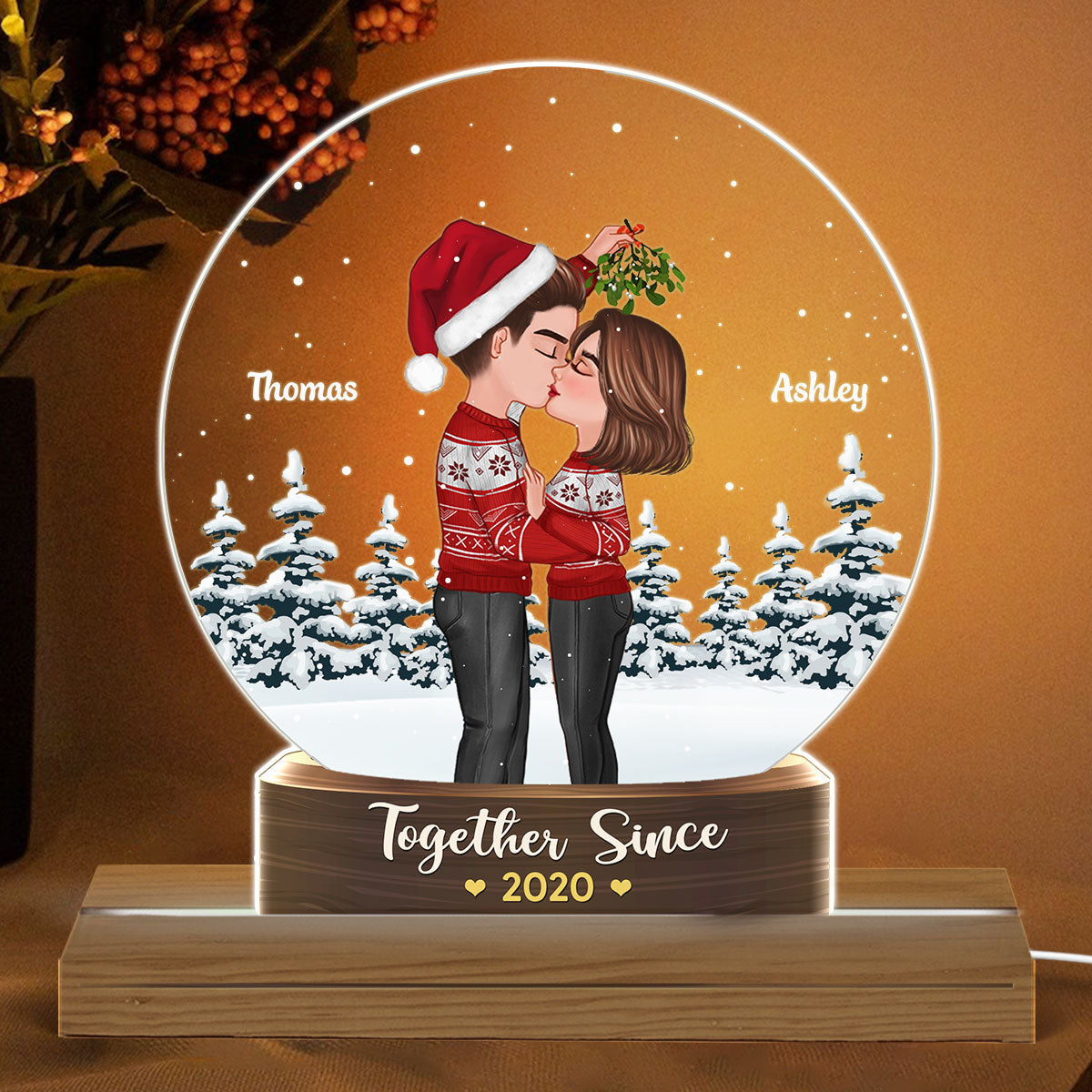 Couple Kissing Under Mistletoe Snow Globe Personalized Acrylic Custom Shape LED Night Light