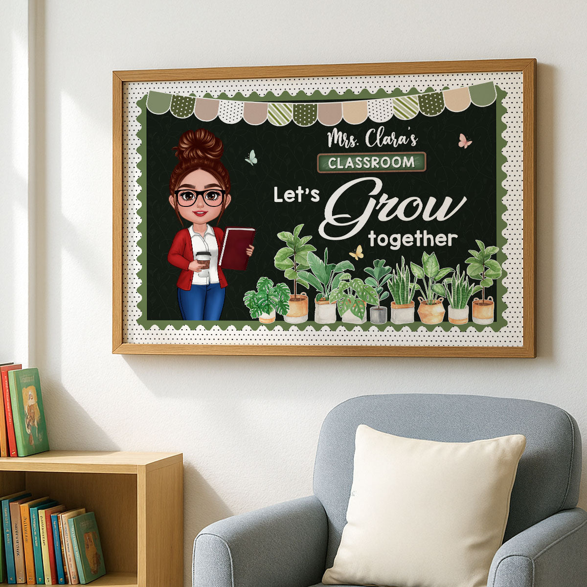 Greenery Boho Plants Let's Grow Together Teacher Personalized Poster, Classroom Decoration