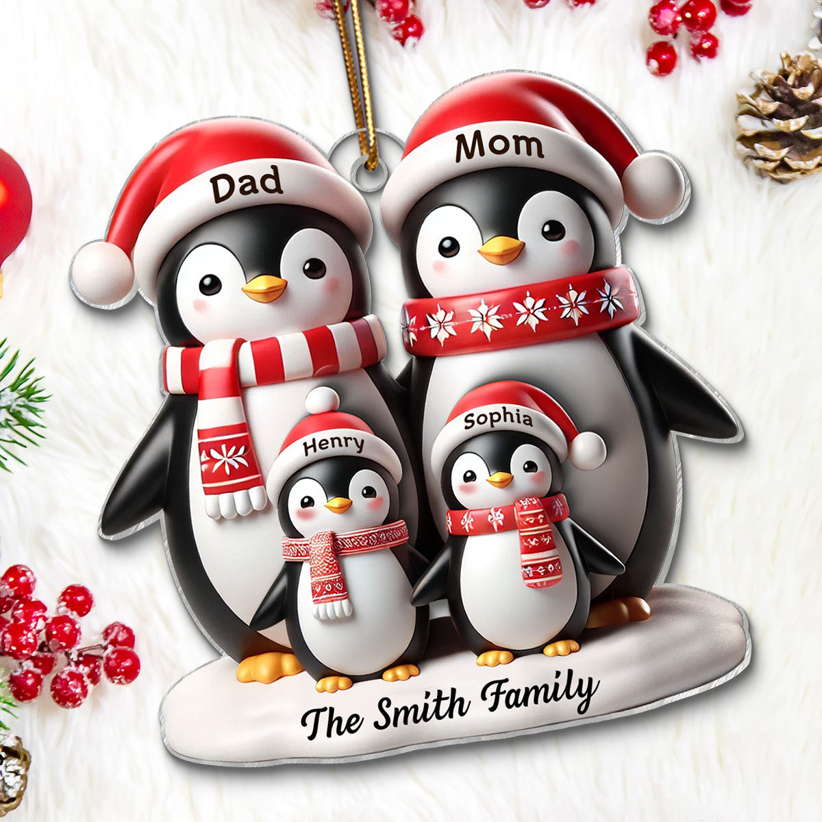 3D Effect Penguins Family Christmas Personalized Acrylic Ornament