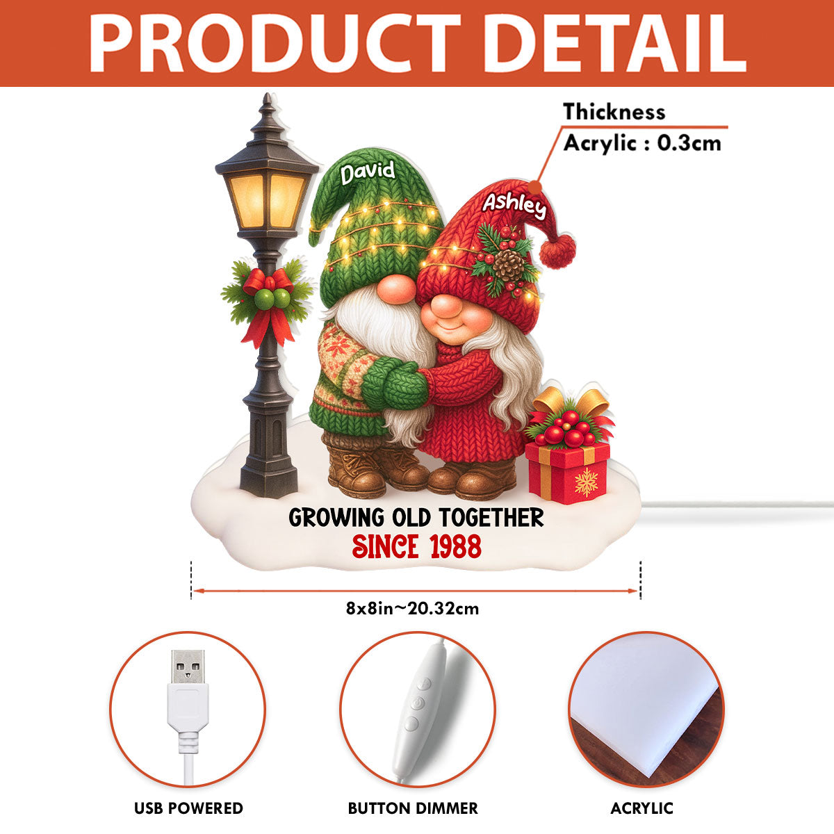 Gnome Christmas Couple Growing Old Together Personalized Light Box, Gift for him, for her