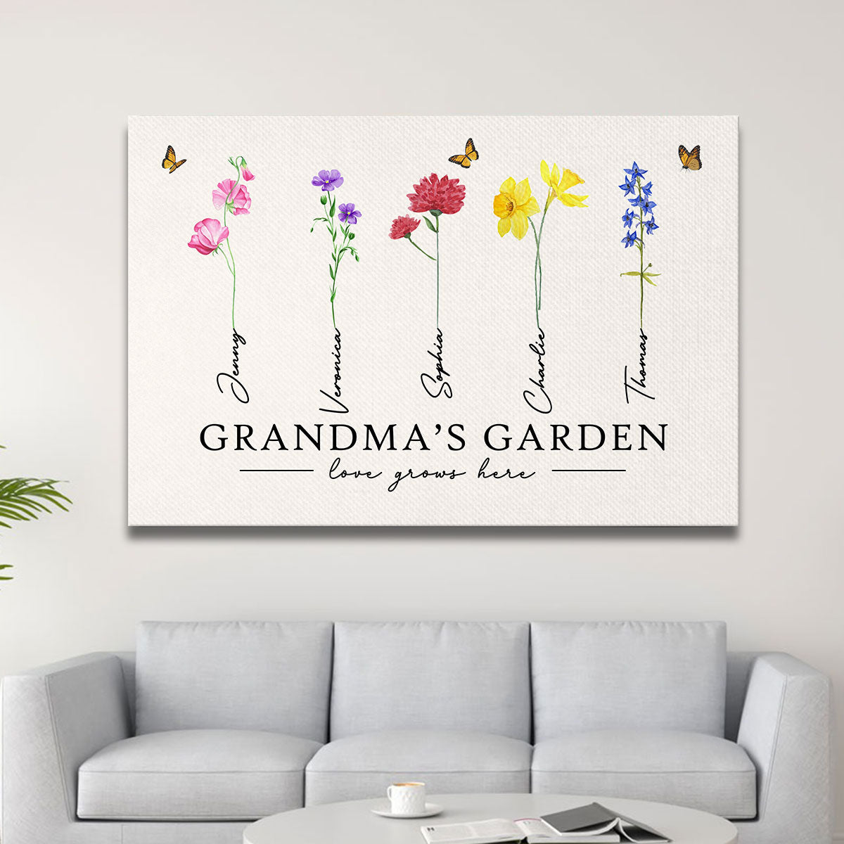 Grandma‘s Garden Love Grows Here Watercolor Birth Month Flower Gift For Grandma Mom Personalized Canvas Print