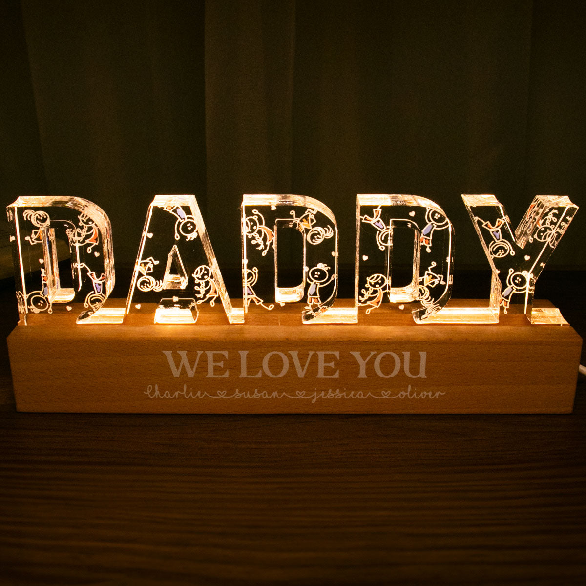 Daddy Drawing Cute Kids Personalized LED Night Light, Gift For Dad