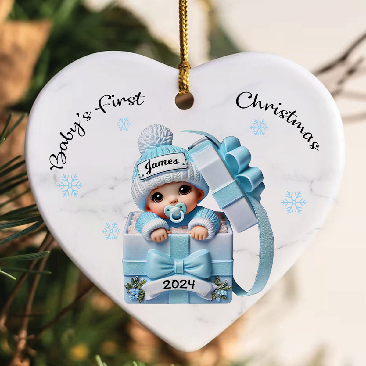 Baby Inside Gift Box Personalized Heart Ornament, Baby First Christmas Keepsake