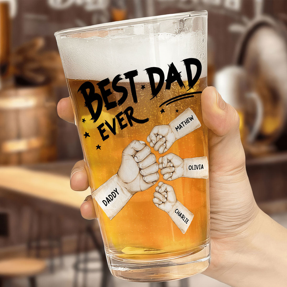 Best Dad Ever Fist Bump Personalized Beer Glass, Unique Birthday Gift For Dad, Father's Day Gift