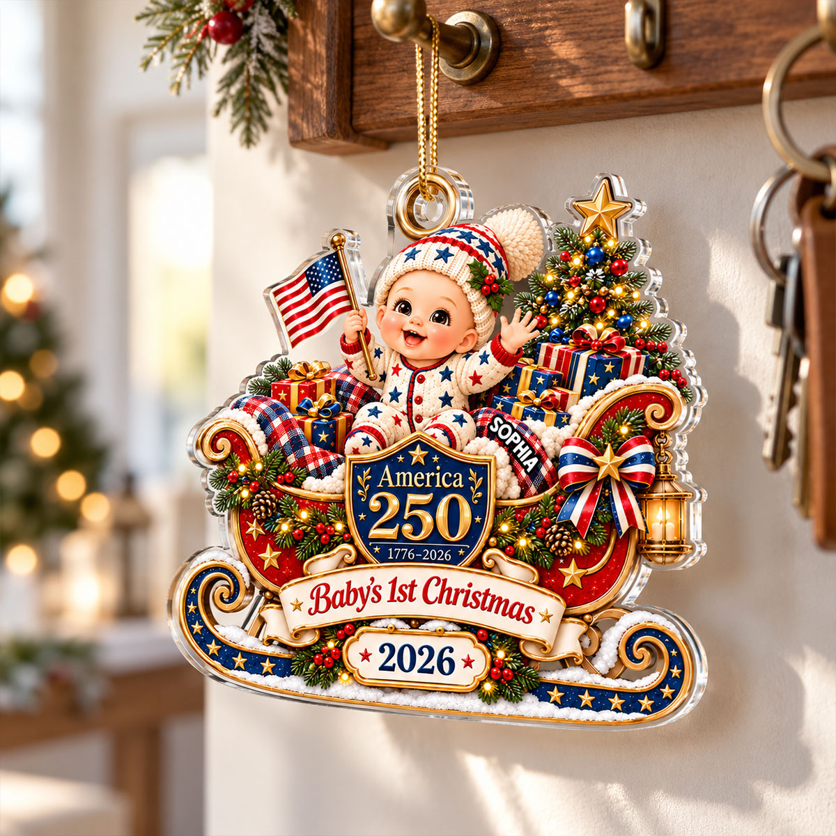 Baby On Sleigh Baby's First Christmas 2D Flat - Personalized Acrylic Ornament - 250th America 1776 - 2026 Anniversary, Patriotic Christmas Decor, Gifts for New Parents