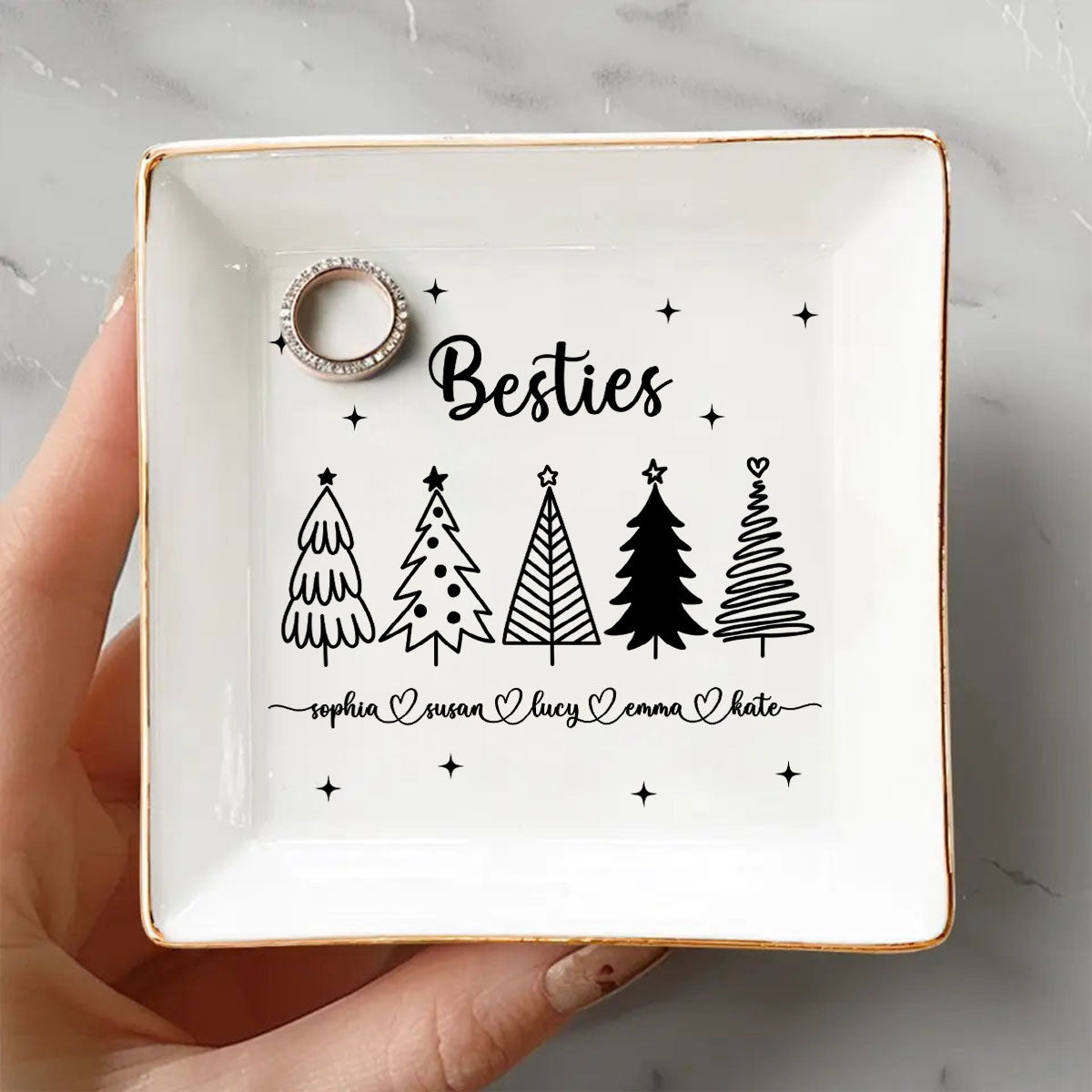 Christmas Trees Outline Besties Sisters Personalized Jewelry Dish, Bridesmaid Gift, Best Friend Flower Ring Dish, Gift for Bestie, Christmas Gifts