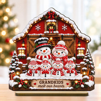 Heartwarming Christmas Snowman Grandpa Grandma Grandkids Barn House - Personalized 2-Layered Wooden Plaque - Christmas Gift For Grandparents, Grandparents House Decor