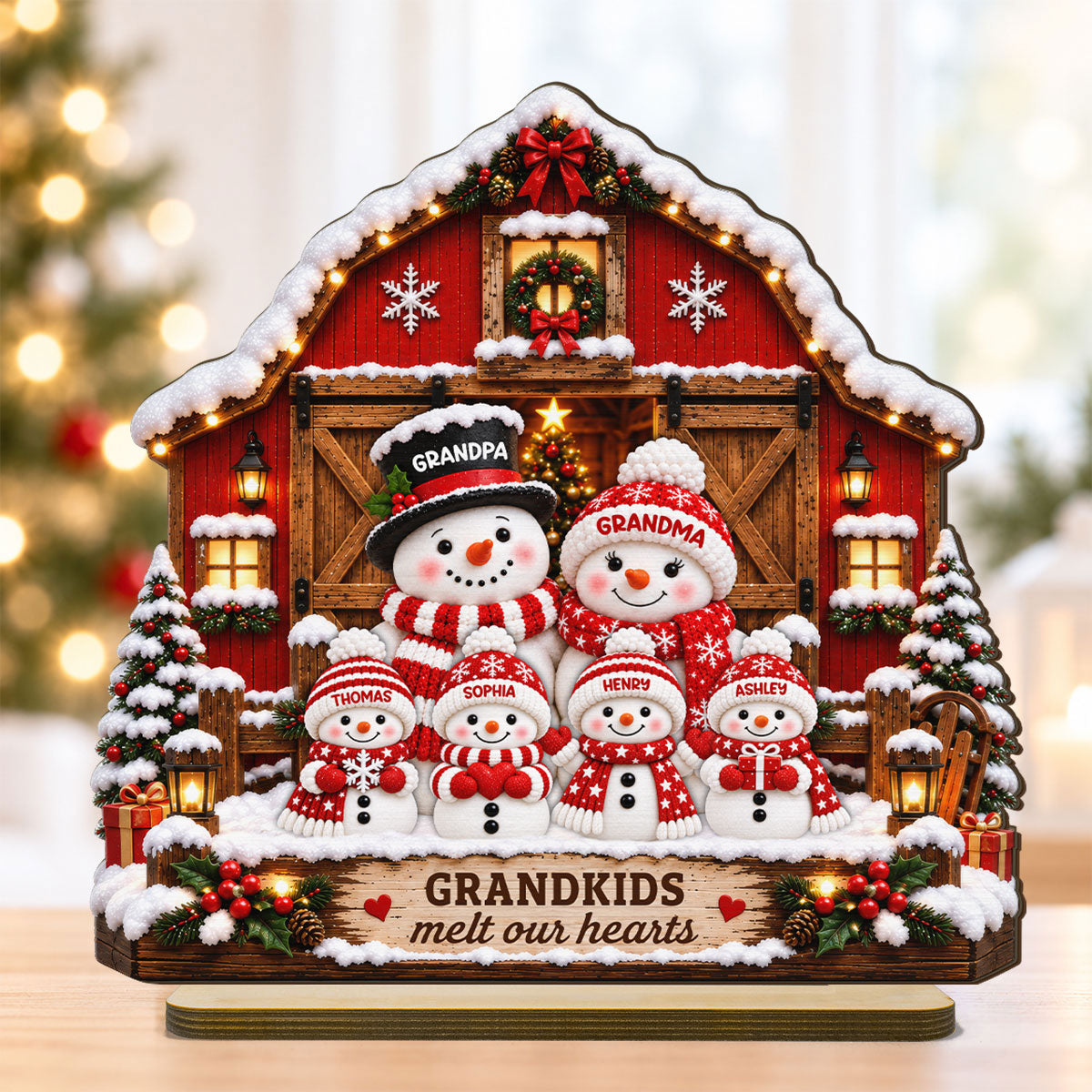 Heartwarming Christmas Snowman Grandpa Grandma Grandkids Barn House - Personalized 2-Layered Wooden Plaque - Christmas Gift For Grandparents, Grandparents House Decor