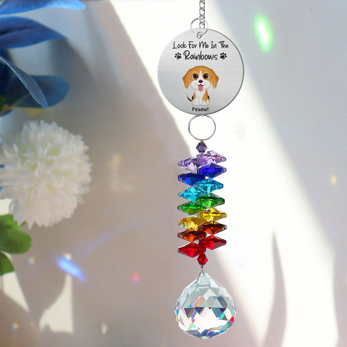 Dog Pet Memorial Look For Me In The Rainbows Personalized Crystal Suncatcher With Aluminum Charm