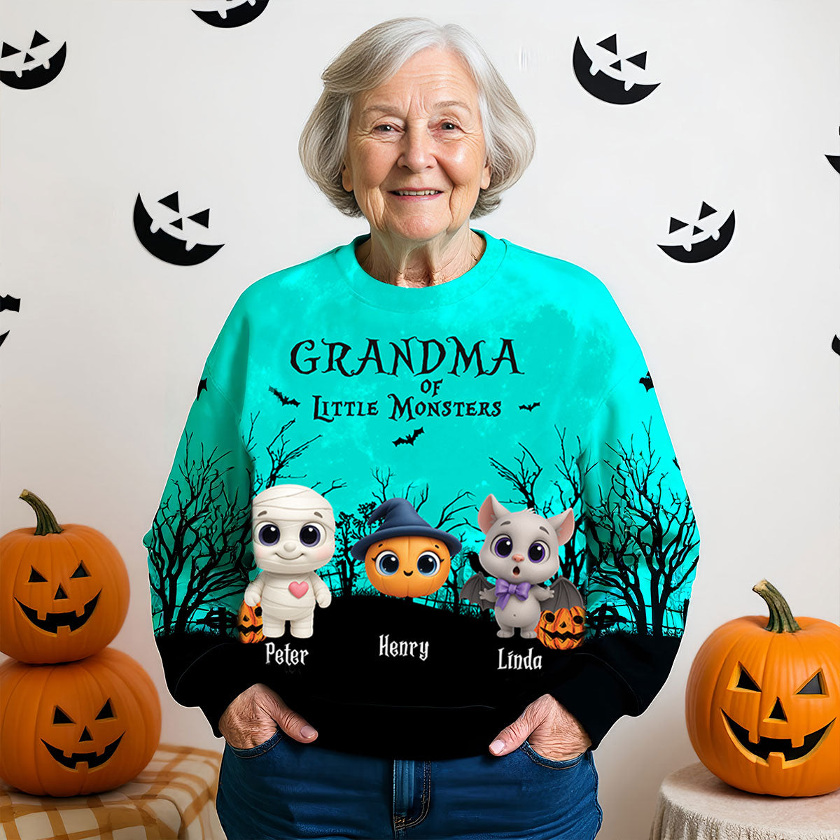 Grandma Mom Cute Little Monsters Halloween Moon Light Bat Tree Personalized 3D Sweatshirt, Purrfect Costume for Grandma