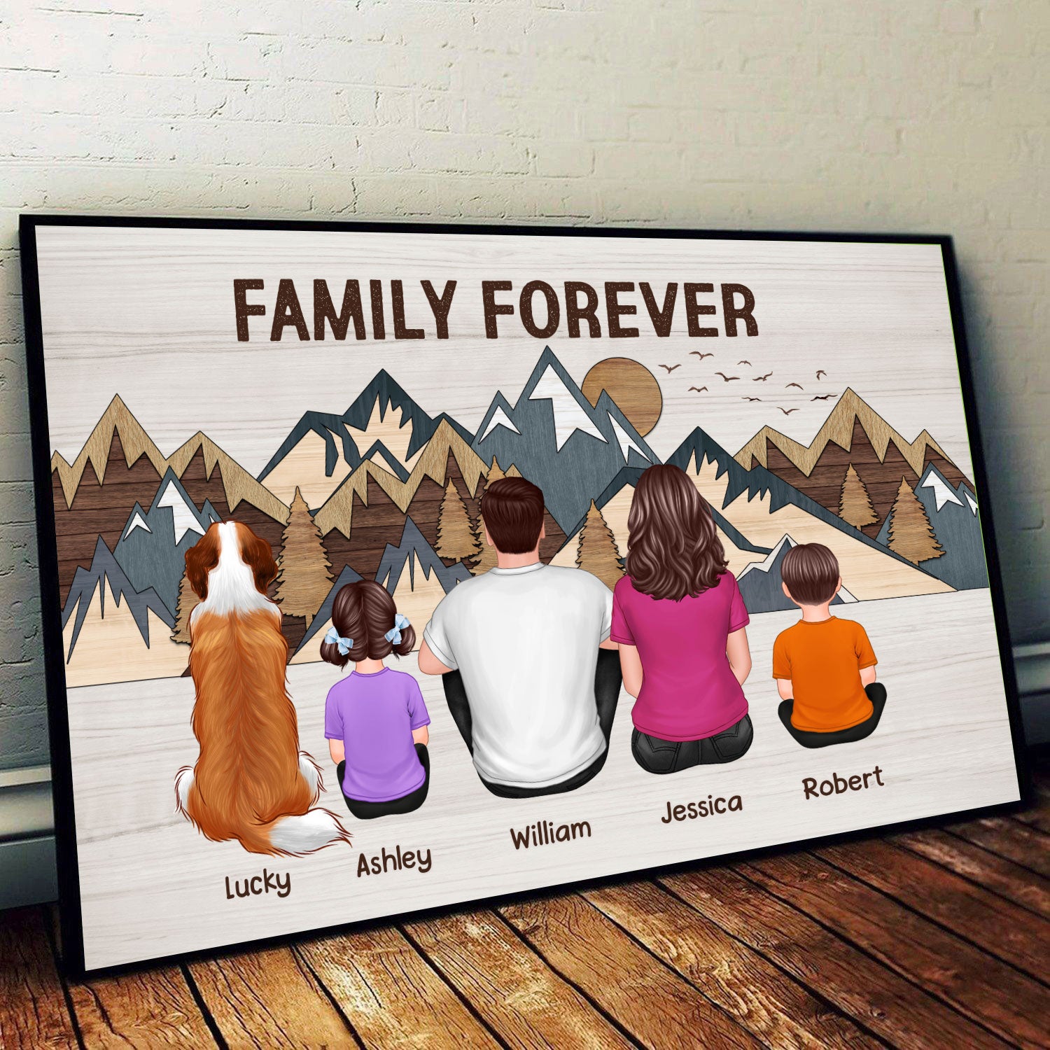 Family Couple Kids Dog Cat Sitting Mountain Panel Effect Personalized Horizontal Poster