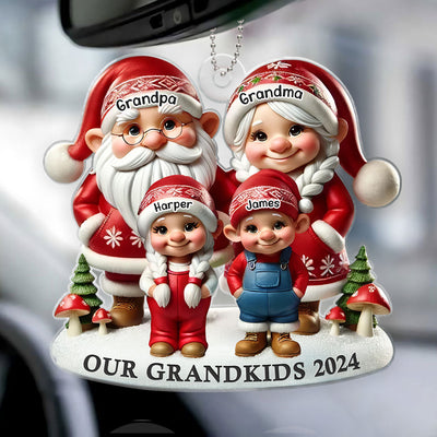 3D Effect Gnome Grandma Grandpa And Grandkids Christmas Personalized Acrylic Car Hanger Ornament