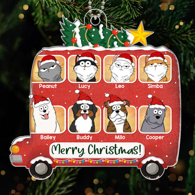 Merry Christmas Dogs Cats Cartoon On Christmas Bus Personalized Acrylic Ornament