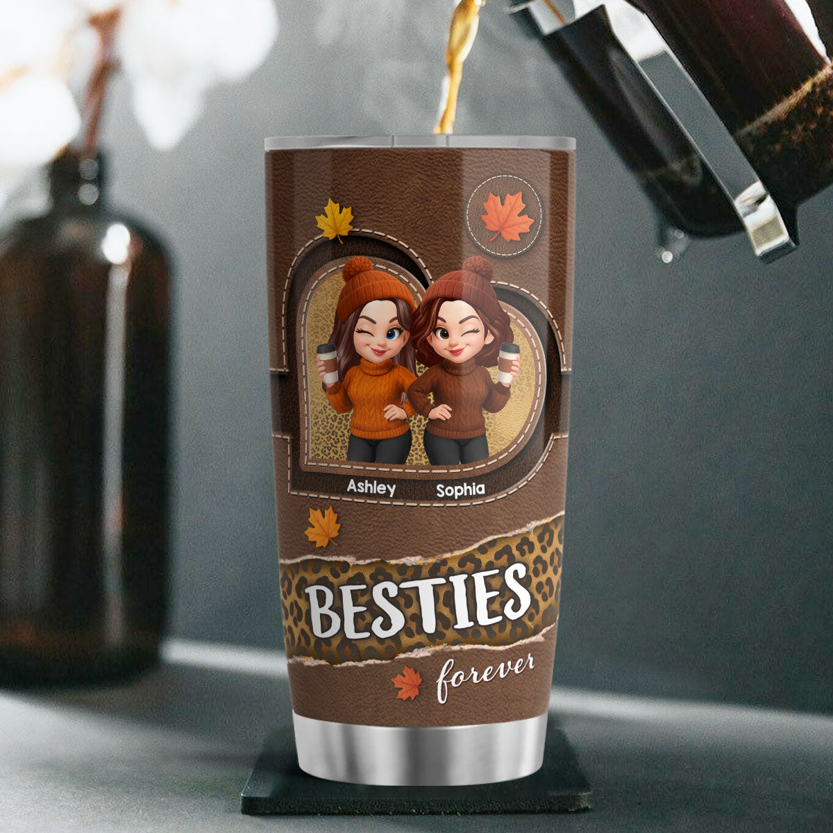 Fall Season Besties Sisters Fall Leather Pattern Personalized Tumbler