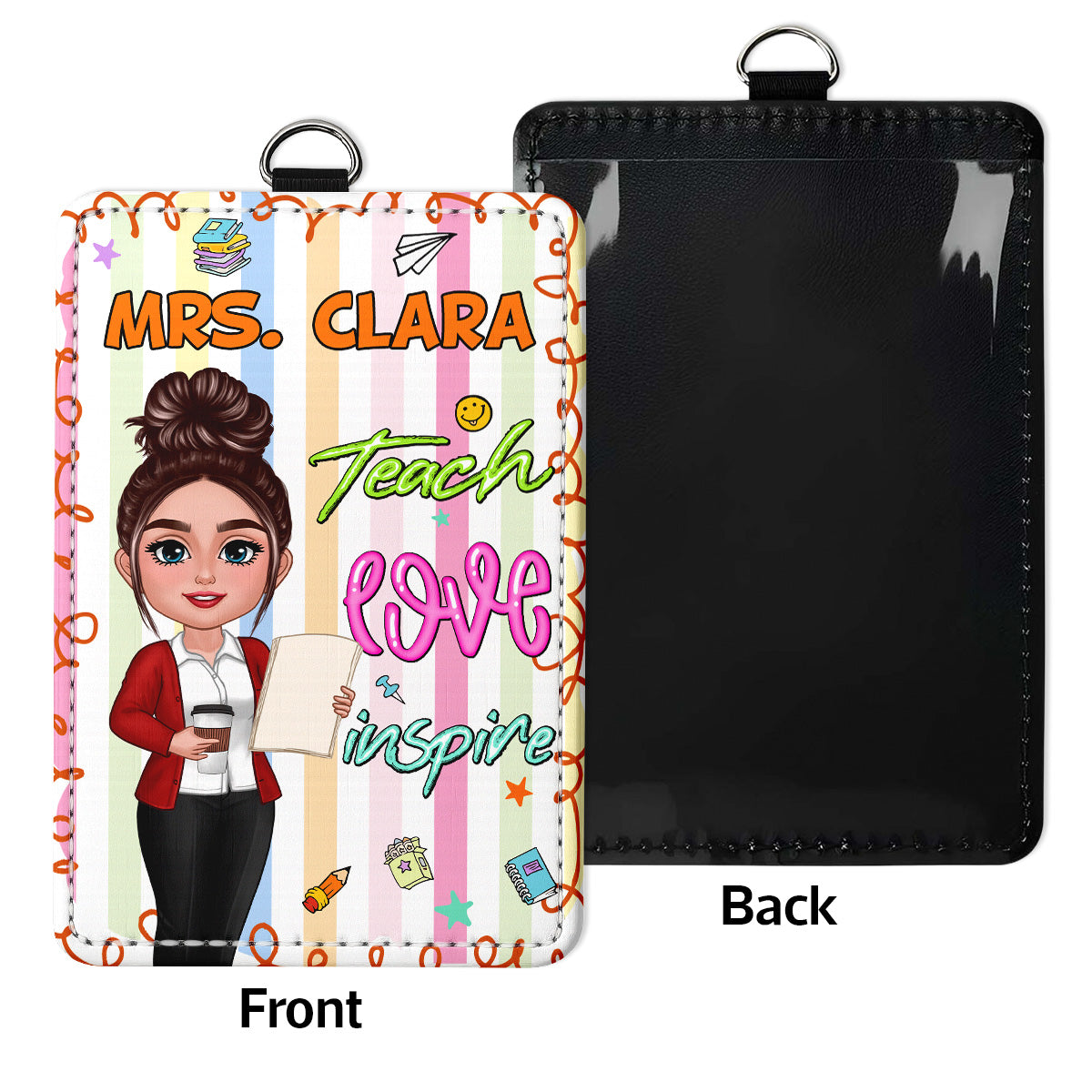 Teach Love Inspire Preppy School Teacher Personalized ID Badge Holder, Back To School Gift For Teacher