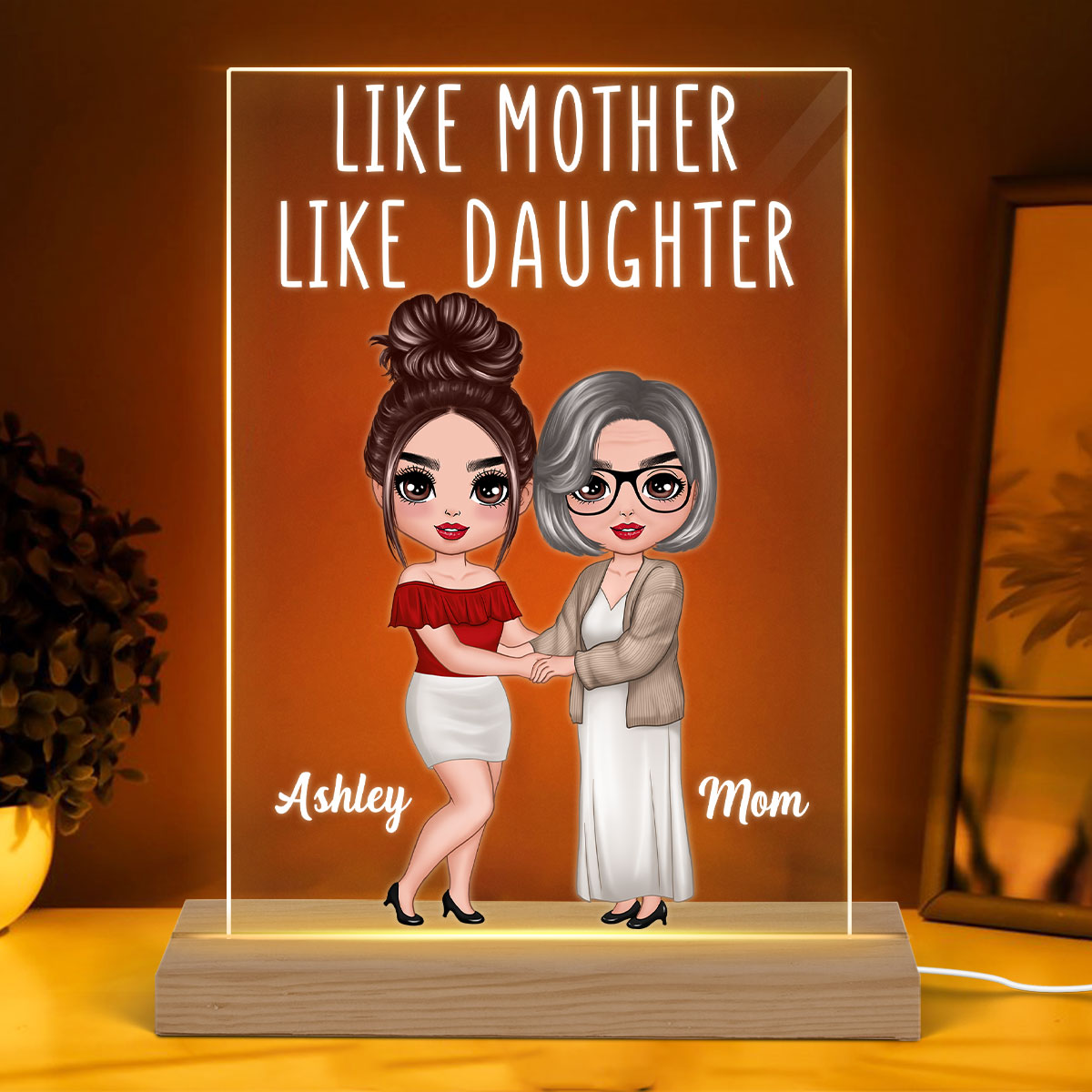 Doll Mother Daughters Hugging Like Mother Like Daughter Personalized Rectangle Acrylic Plaque LED Night Light
