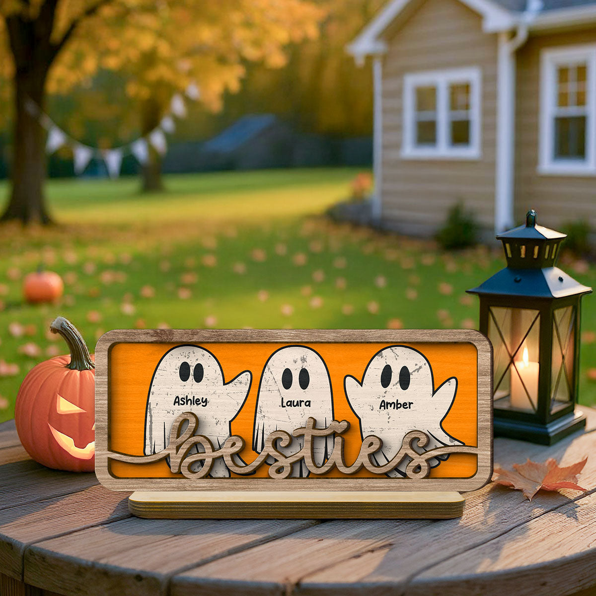 Besties Sister Best Friends Boo Crew Personalized 2-Layer Wooden Plaque, Halloween Gift