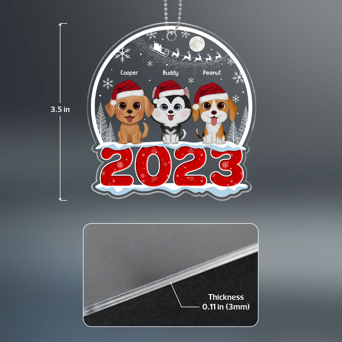 Watercolor Cute Dogs Cats Sitting On 2023 Christmas Sleigh Personalized Acrylic Ornament