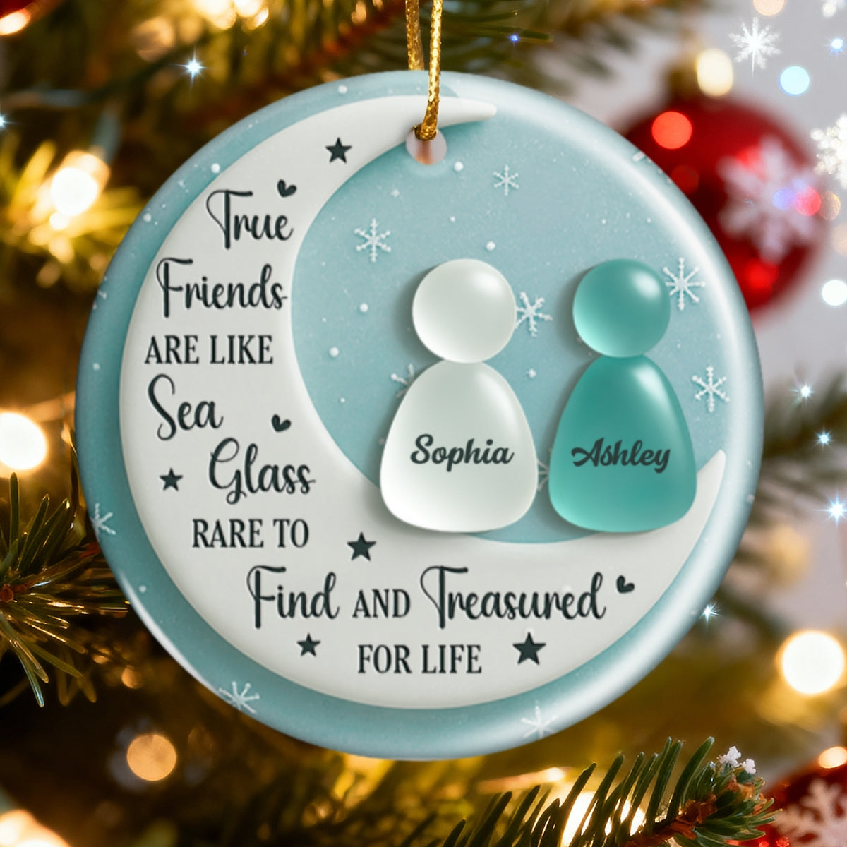 3D Sea Glass Effect Besties On Moon - Personalized Ceramic Ornament With Acrylic Pieces - Unique Gift For Best Friends