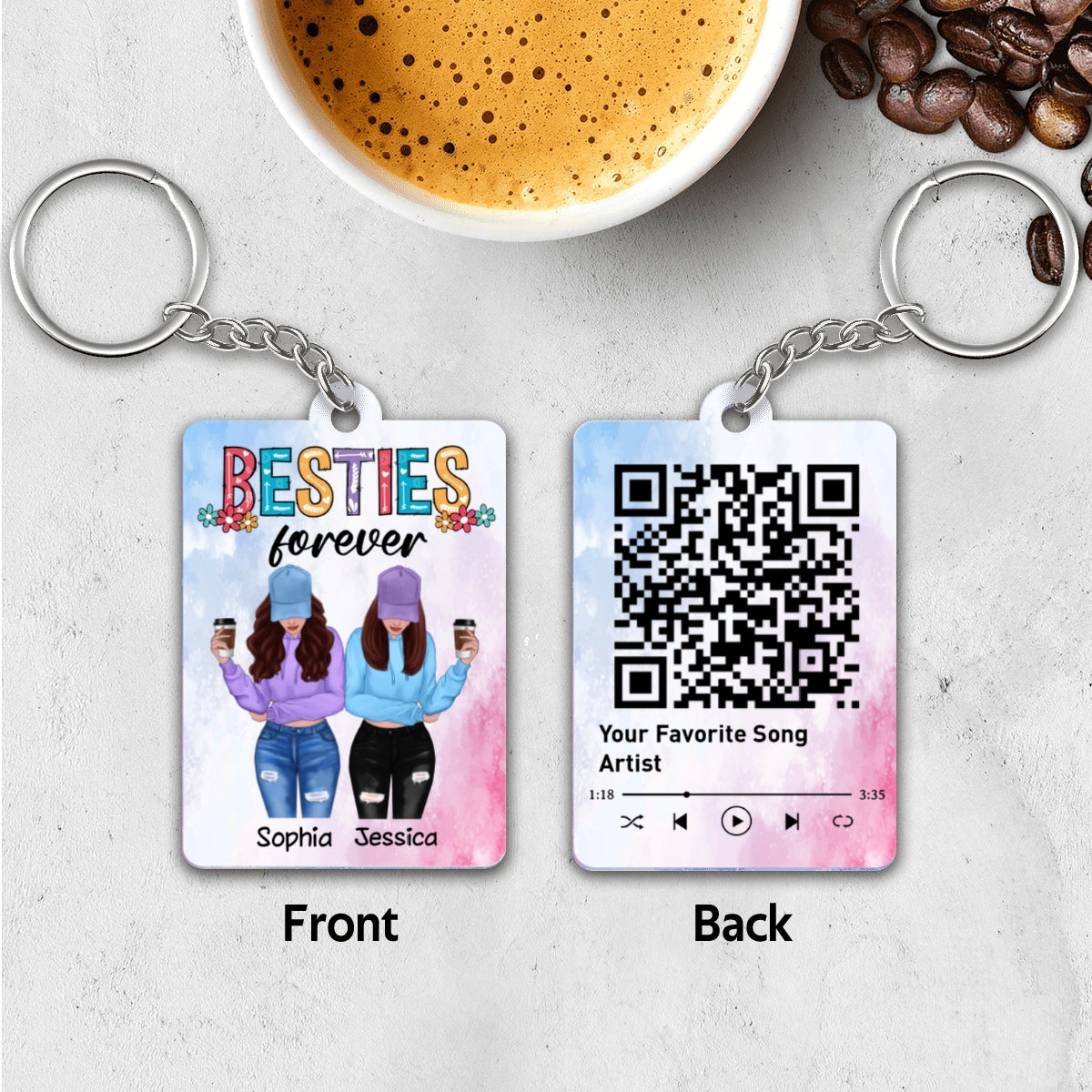 Front View Besties To My Bestie Favorite Song Scannable QR Code Personalized Acrylic Keychain
