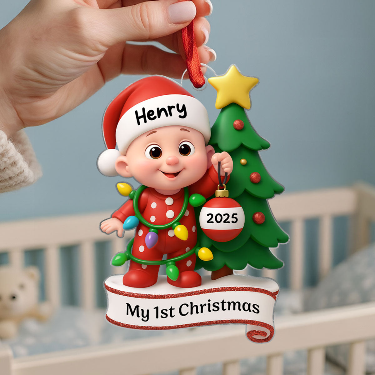 Baby's 1st Christmas Holding Bauble Personalized Acrylic Ornament, Christmas Gift for Baby, Christmas Keepsake