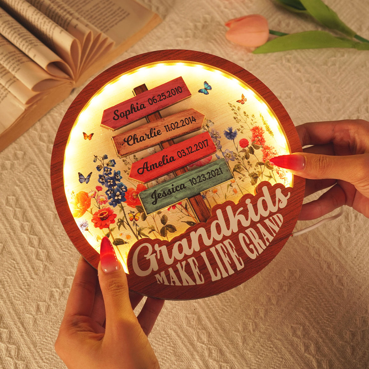 Grandma Flower Garden Grandkids Names Sign Personalized 3-Layer Wooden Plaque With LED, Gift for Mom, for Grandma