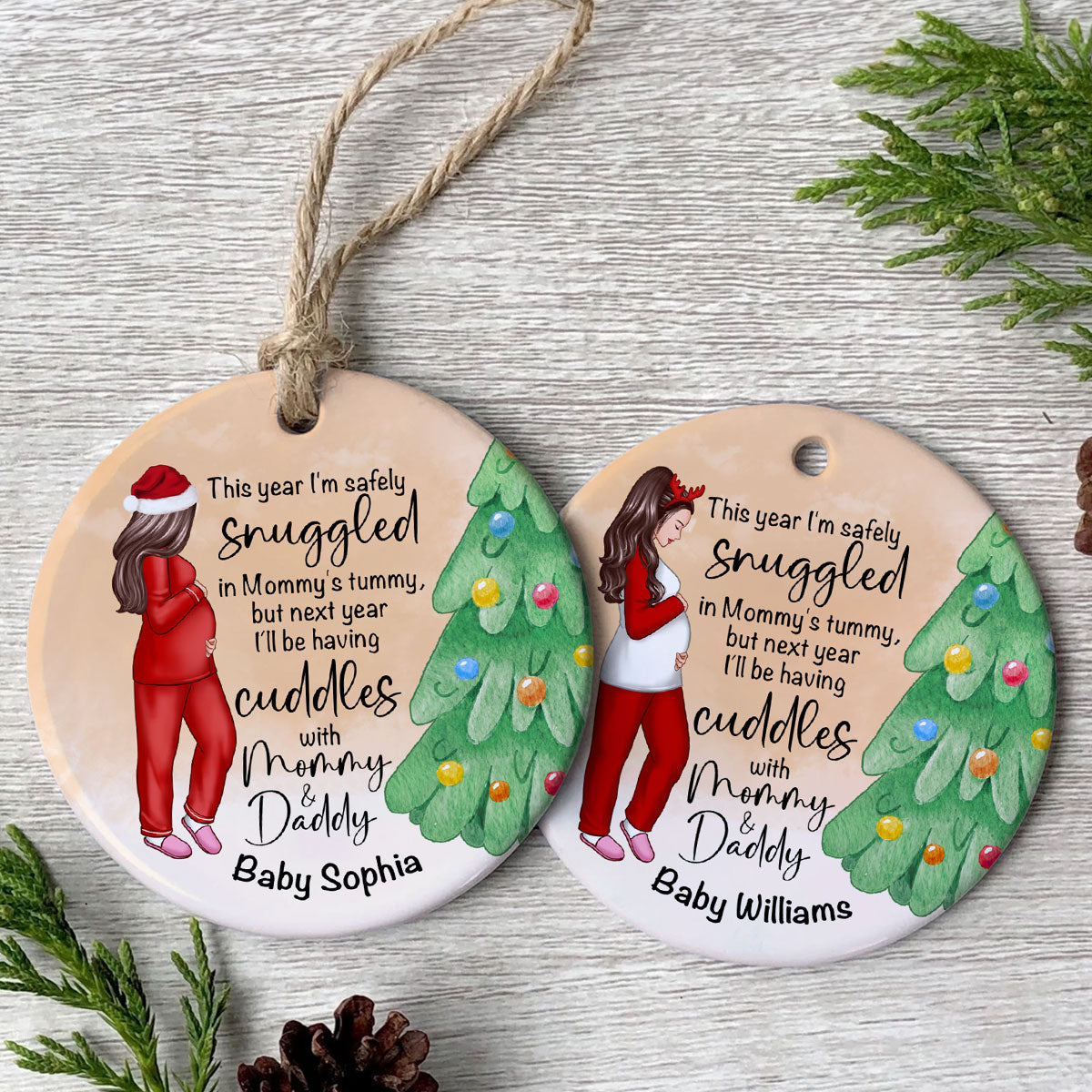 Bump Christmas, Pregnant Ornament, Snuggled in Mommy's Tummy, Personalized Circle Ceramic Ormament